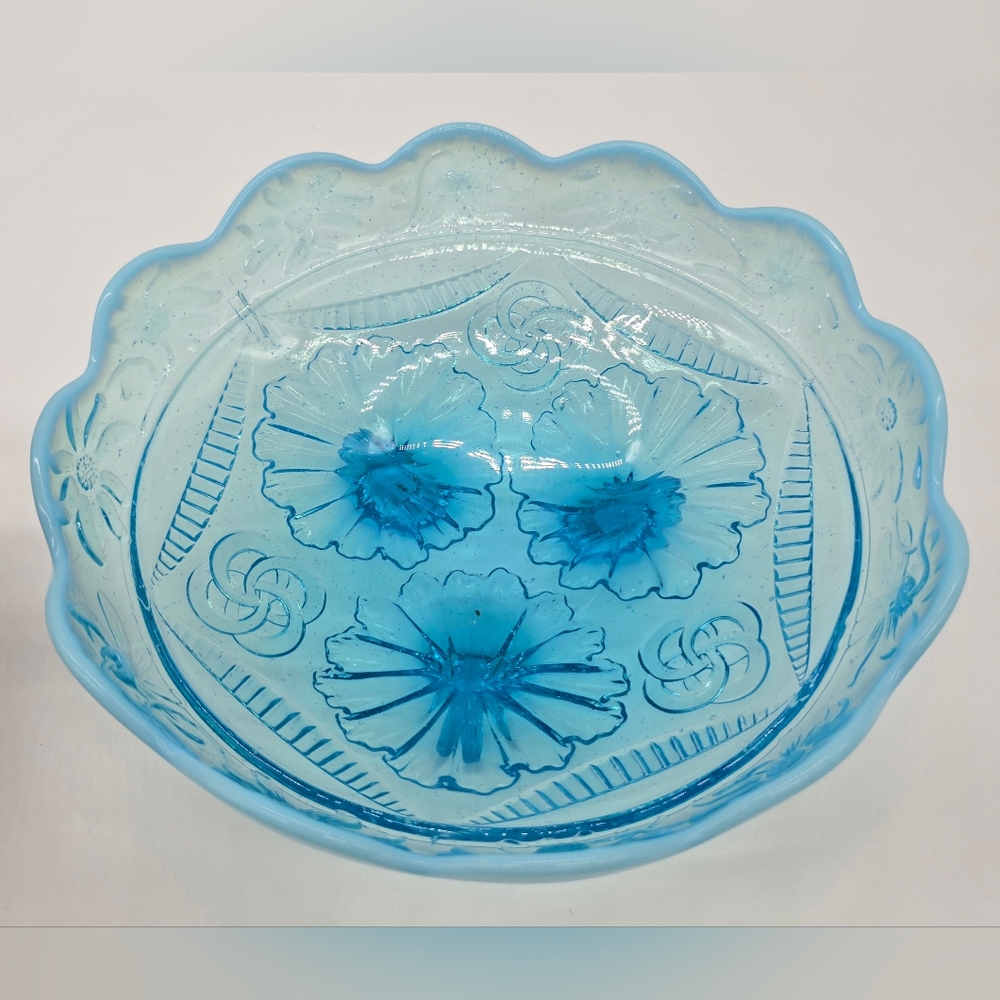 Antique Northwood Blue Opalescent Ruffles And Rings Bowl